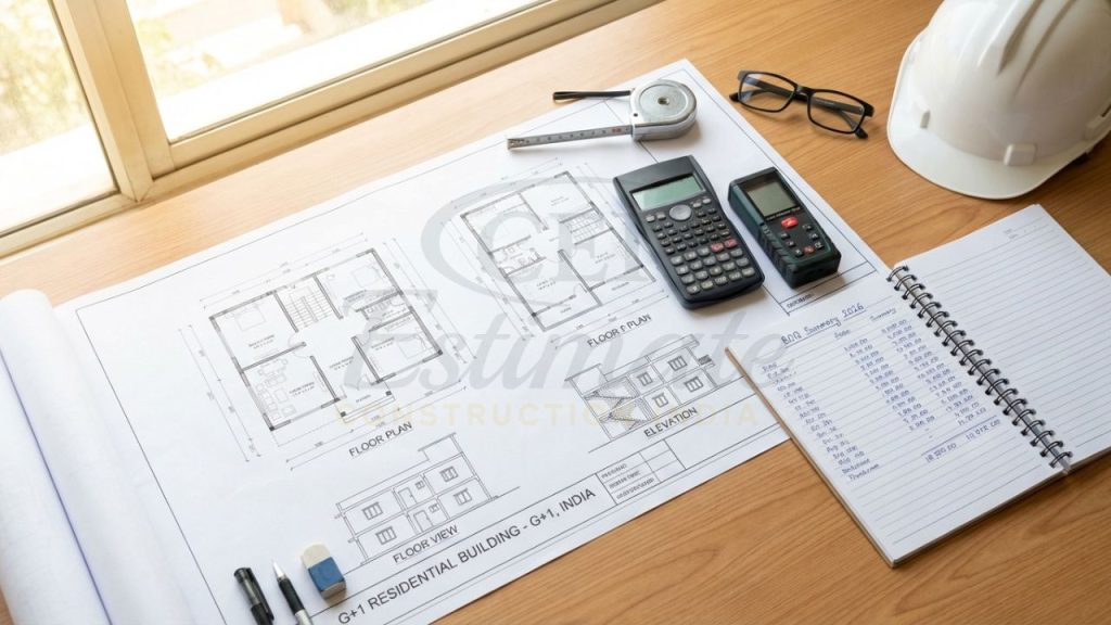 Professional civil engineering estimation and costing setup with blueprints, calculator, and BOQ documents for 2026 projects.