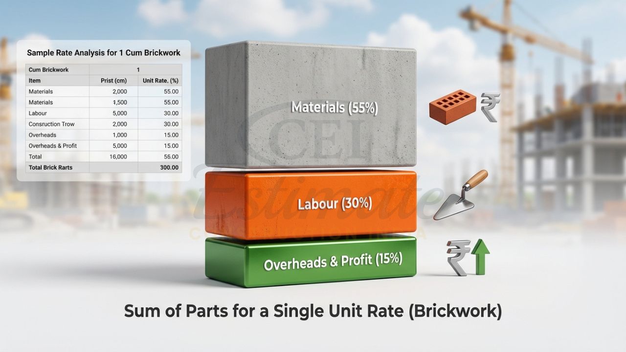 3D infographic showing the cost components of rate analysis in civil engineering costing.