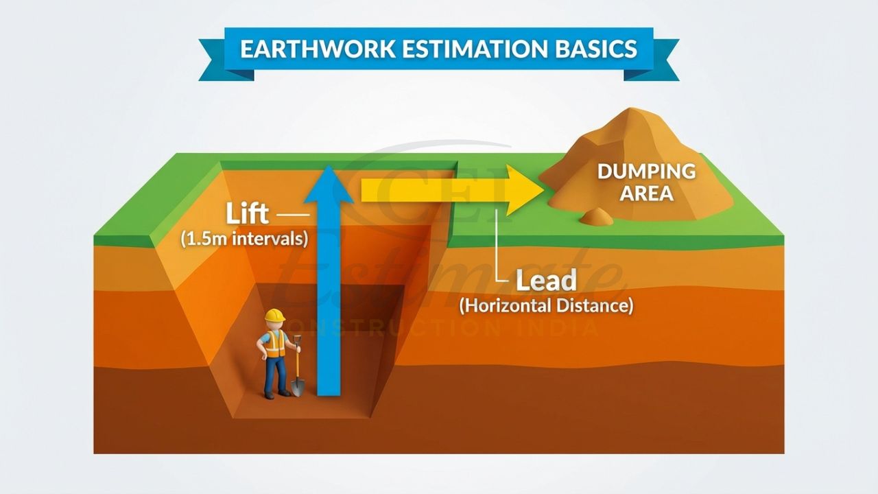 Educational diagram explaining Lead and Lift in earthwork excavation for civil engineering.