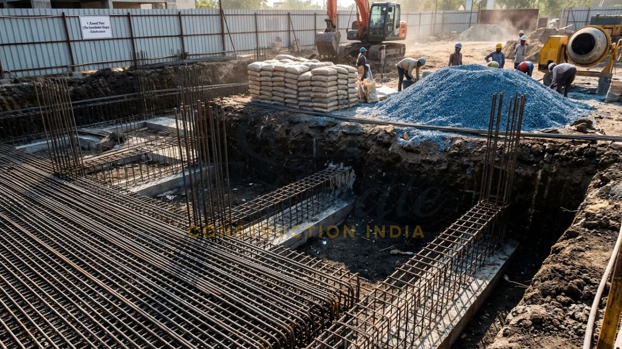 Ground floor foundation work in India showing expensive steel footings and excavation.