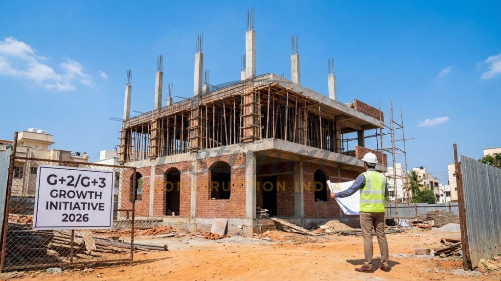 Modern G+2 house construction in India 2026 showing floor-wise progress and RCC framework.