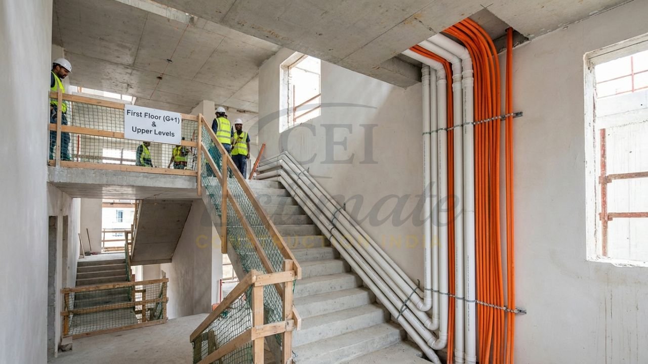 Vertical utility mapping for G+1 house showing plumbing and electrical conduits between floors.