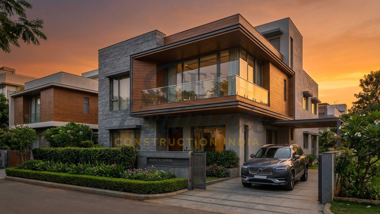 Modern G+1 duplex house construction in India 2026 showing premium elevation and vertical design.