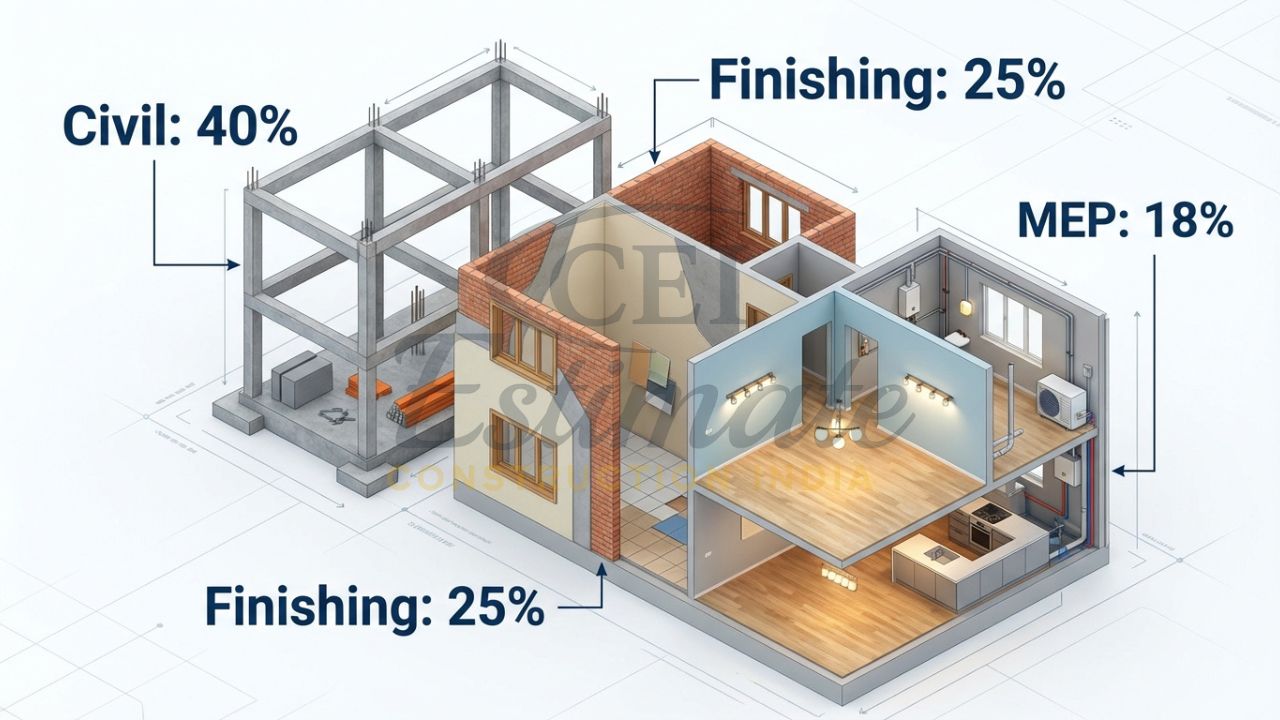 3D cost breakdown diagram for building a 2000 sq ft house in India.