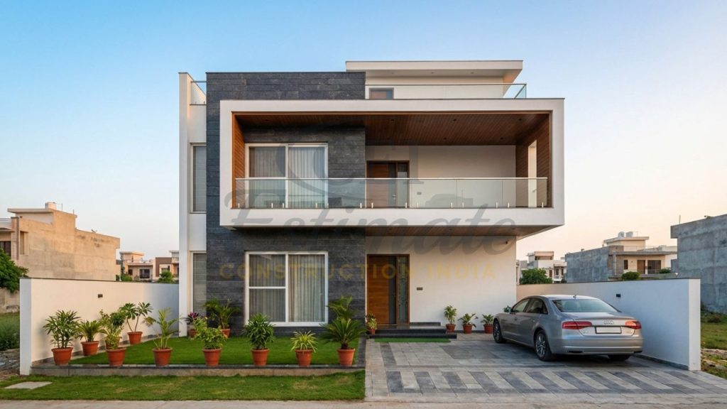 A modern 2000 sq ft double-story house in India representing 2026 construction standards and costs.