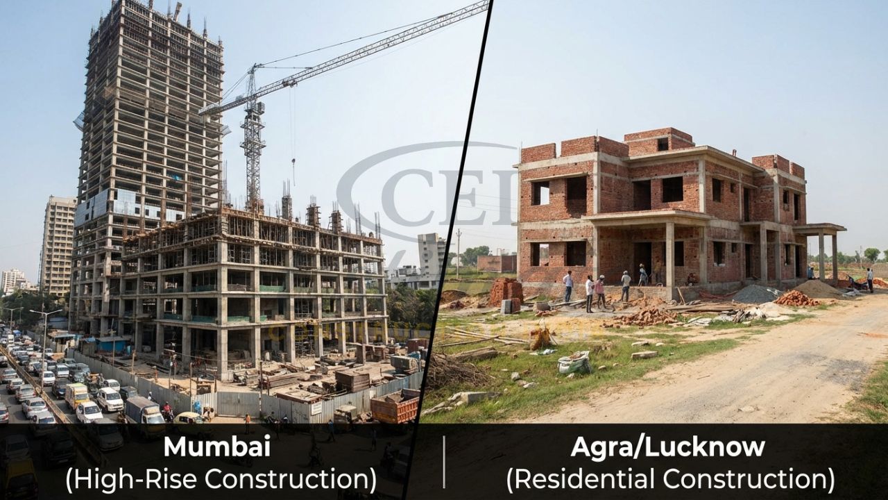 Comparison of construction sites in a metro city like Mumbai versus a Tier-2 city like Agra.