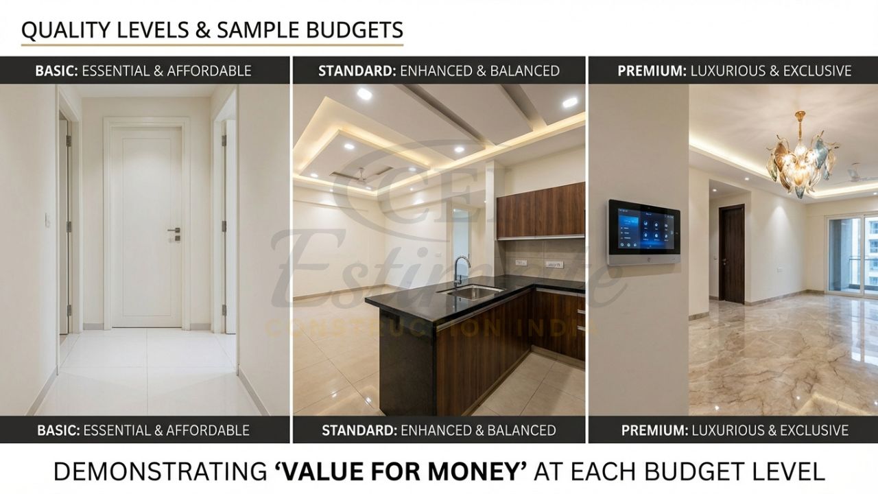 Comparison of Basic, Standard, and Premium interior finishes for a 2000 sq ft house.