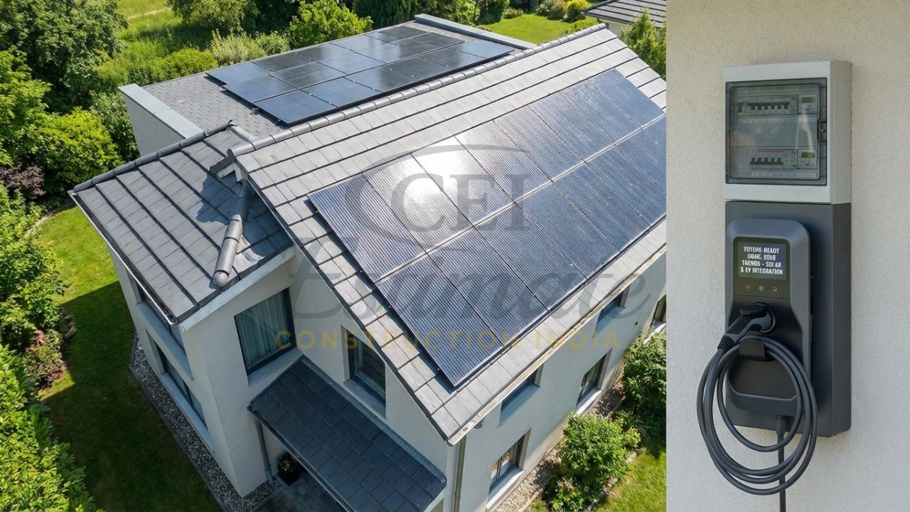Rooftop solar panels and EV charging point installation for a modern 2000 sq ft Indian home.