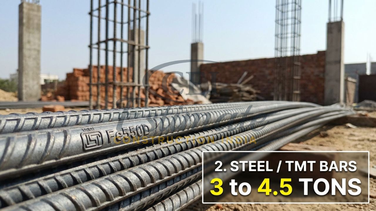 3 to 4.5 tons of TMT steel bars required for a 1000 sq ft RCC framed house.