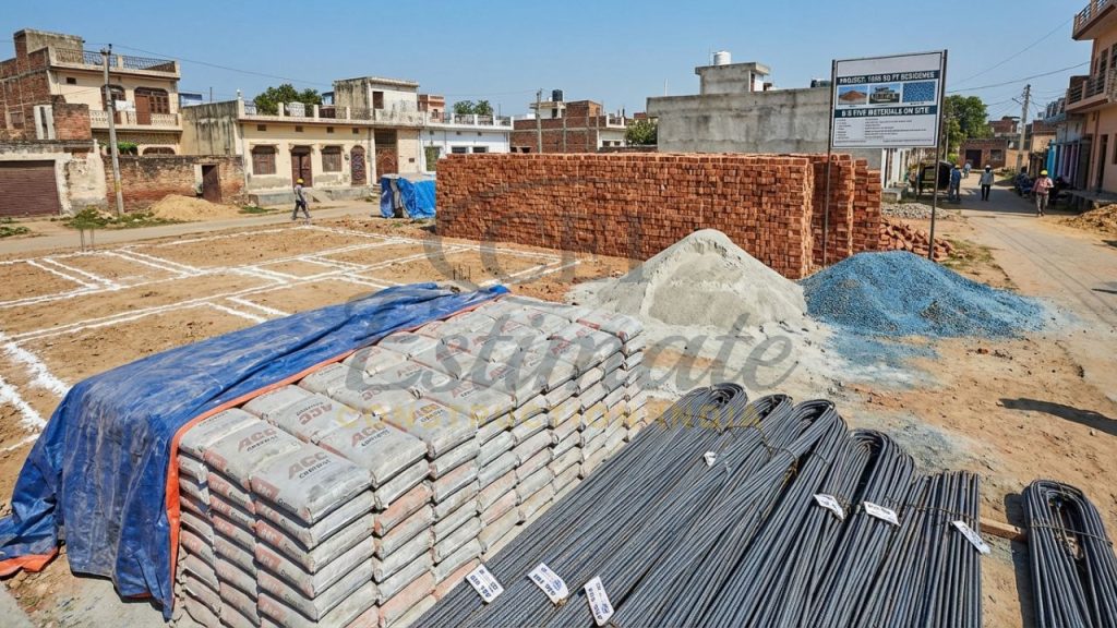 Major construction materials required for a 1000 sq ft house in India 2026 including cement, steel, and bricks.