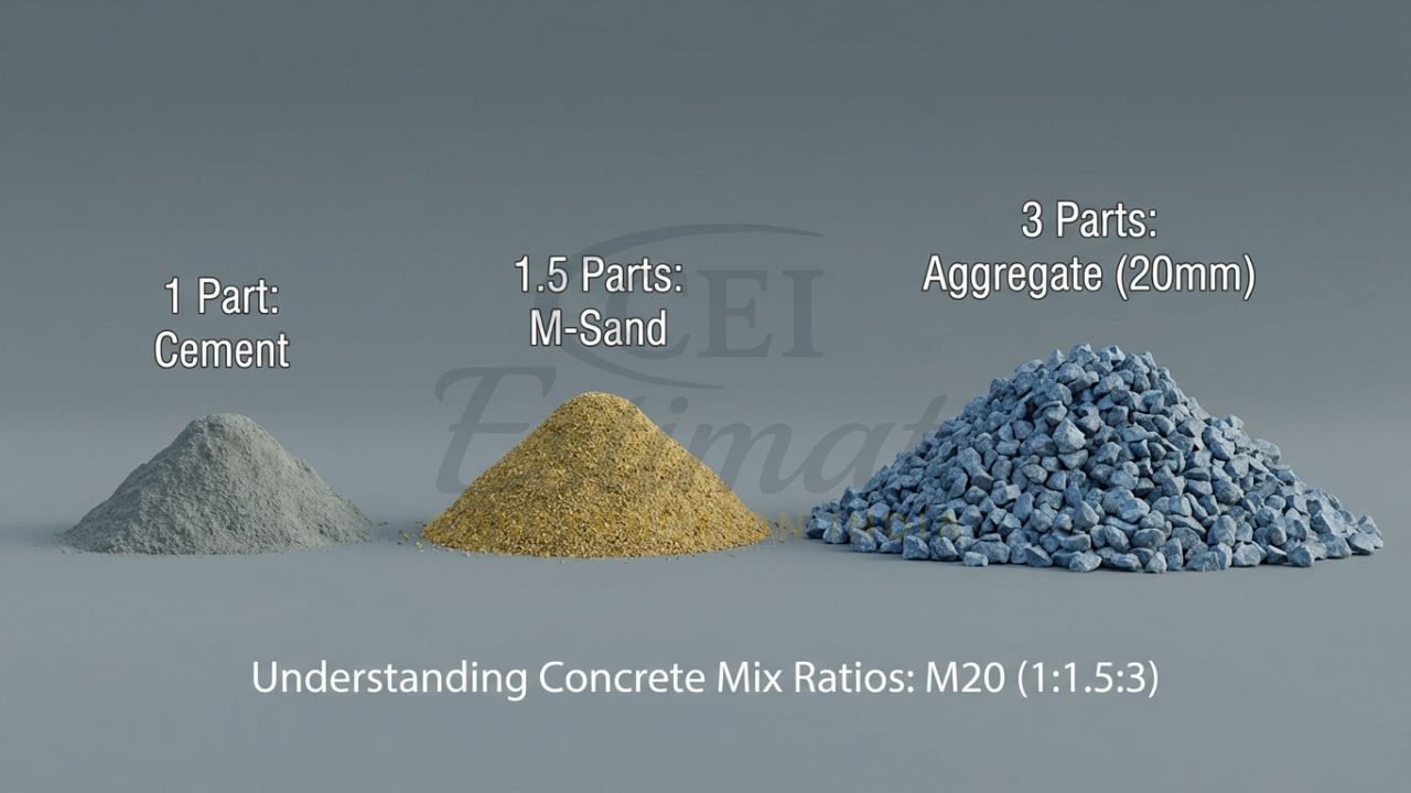 Visual representation of M20 concrete mix ratio 1:1.5:3 for RCC slab construction.