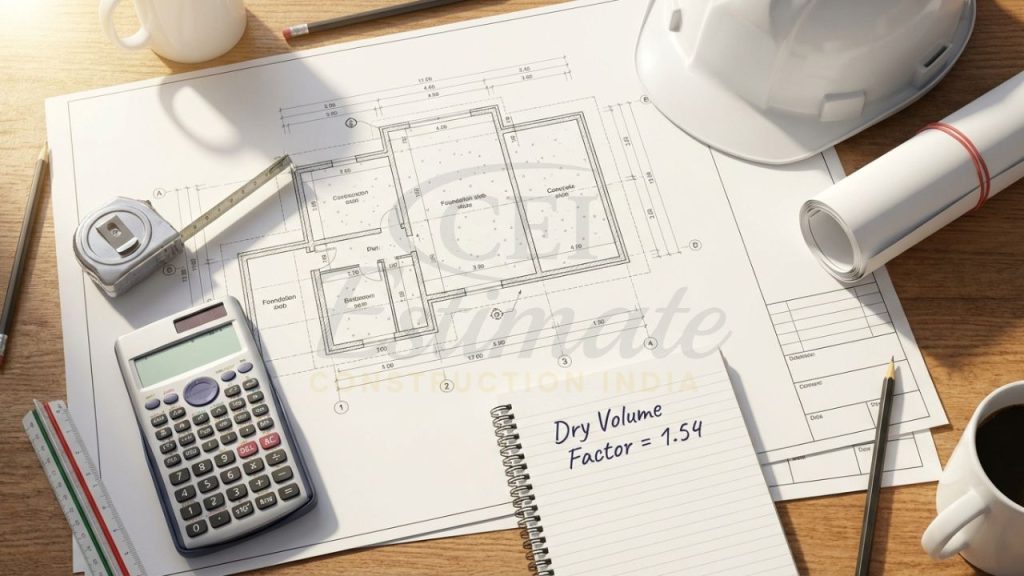 Professional setup for calculating cement, sand, and aggregate for a 1000 sq ft RCC slab in India.