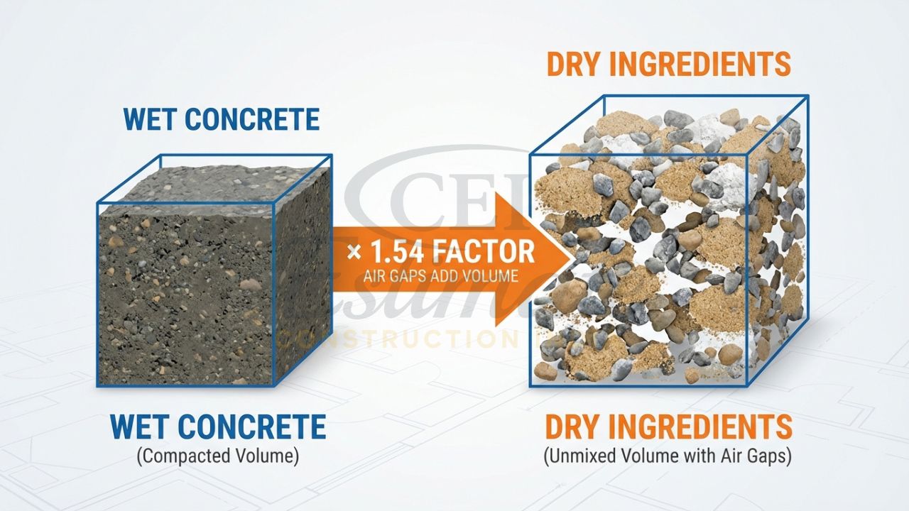 Infographic explaining why dry volume is 54% more than wet volume in concrete calculation.