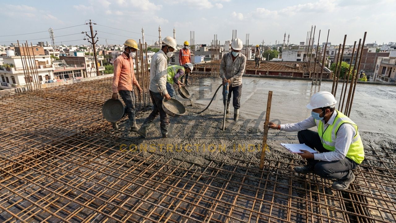 Site engineers supervising the casting of a 1000 sq ft RCC roof slab using M20 concrete.