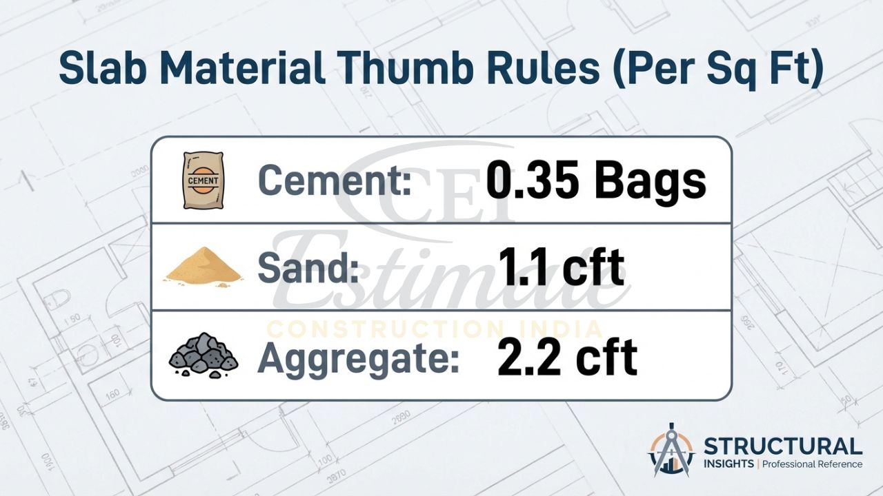 Cheat sheet for cement, sand, and aggregate quantities per square foot of slab.