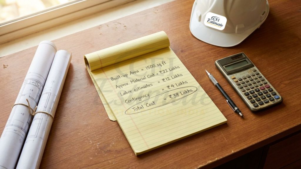 Step-by-step manual construction cost estimation for a house in India 2026 using a notepad and calculator.
