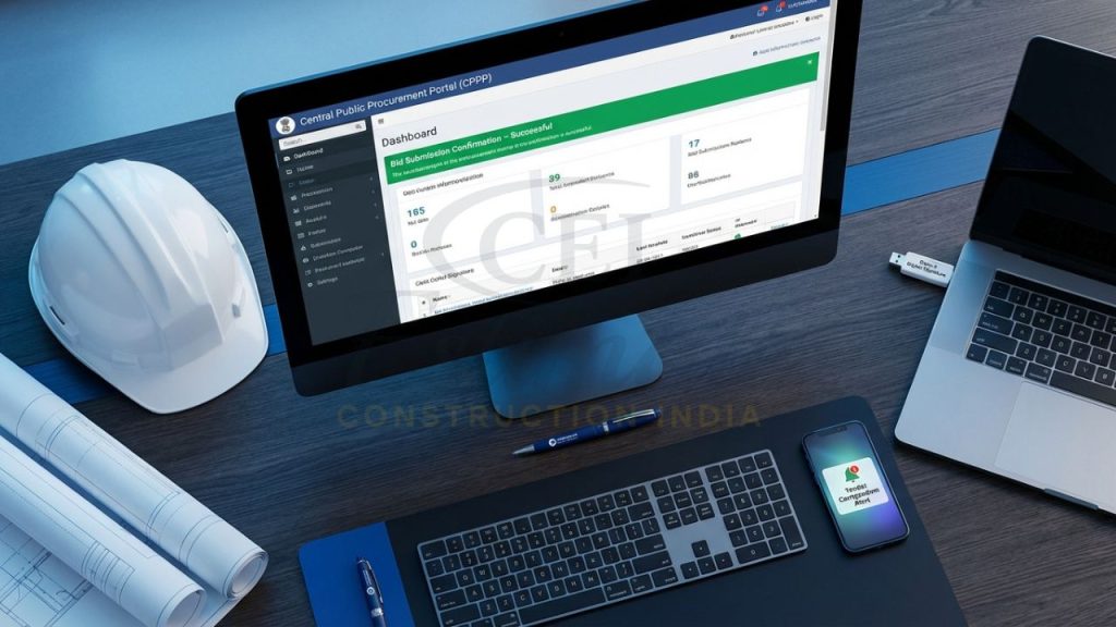 Digital tender document filling setup in India 2026 showing CPPP portal and Class-3 DSC.