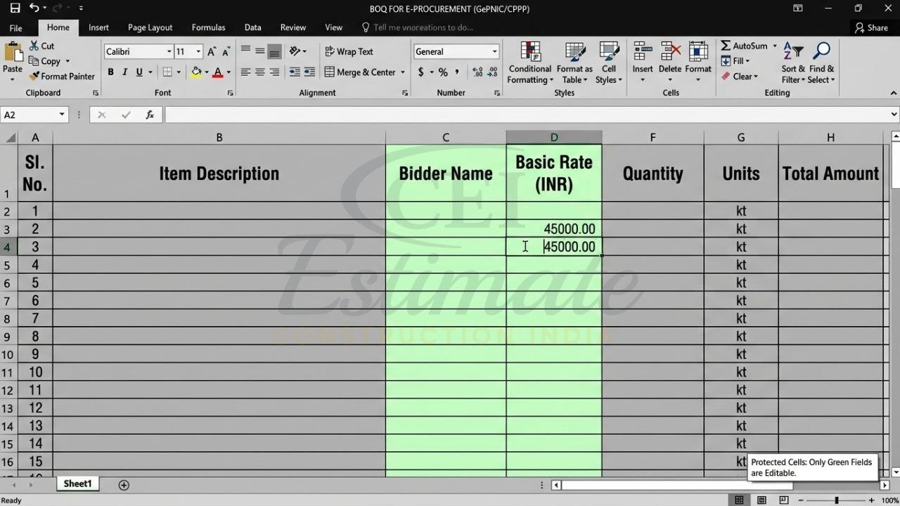 Filling a financial bid BOQ Excel file for an Indian construction tender.