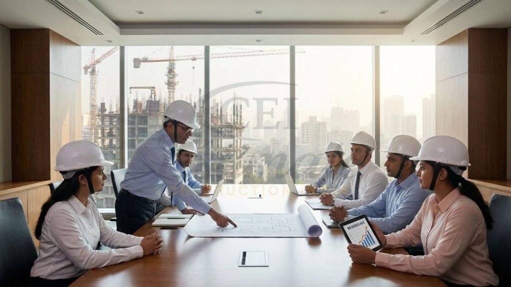 Professional Indian contractors discussing a strategic construction bid for a 2026 infrastructure project.