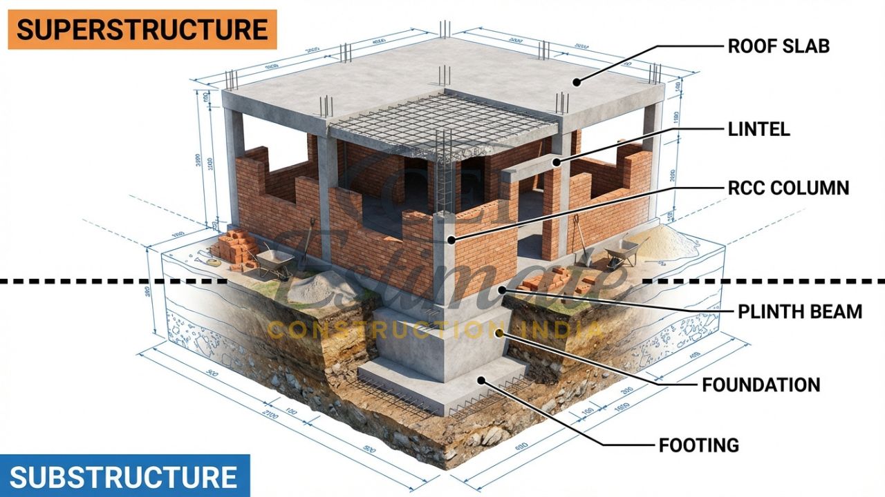 3D diagram of basic civil engineering structural terms including foundation, plinth, column, and slab.