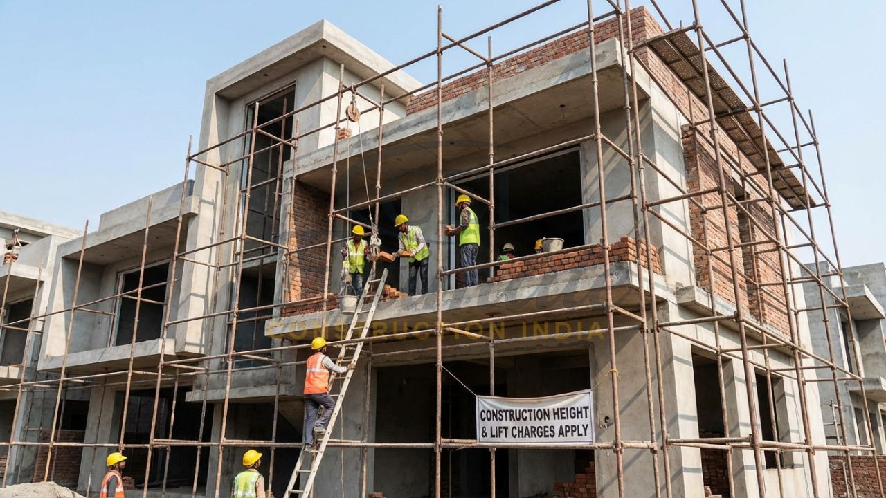 Laborers working on high-rise scaffolding for a G+2 house in Uttar Pradesh.