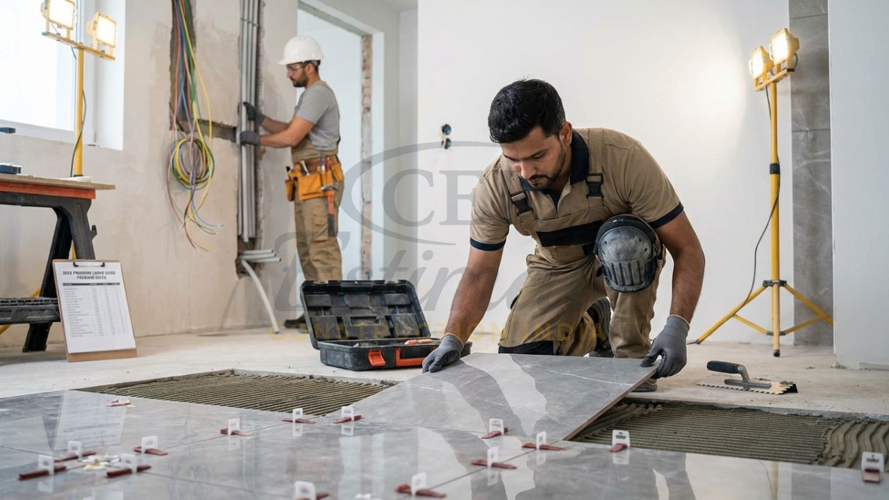 Specialized finishing labor for tiling and electrical work in a modern Indian home.