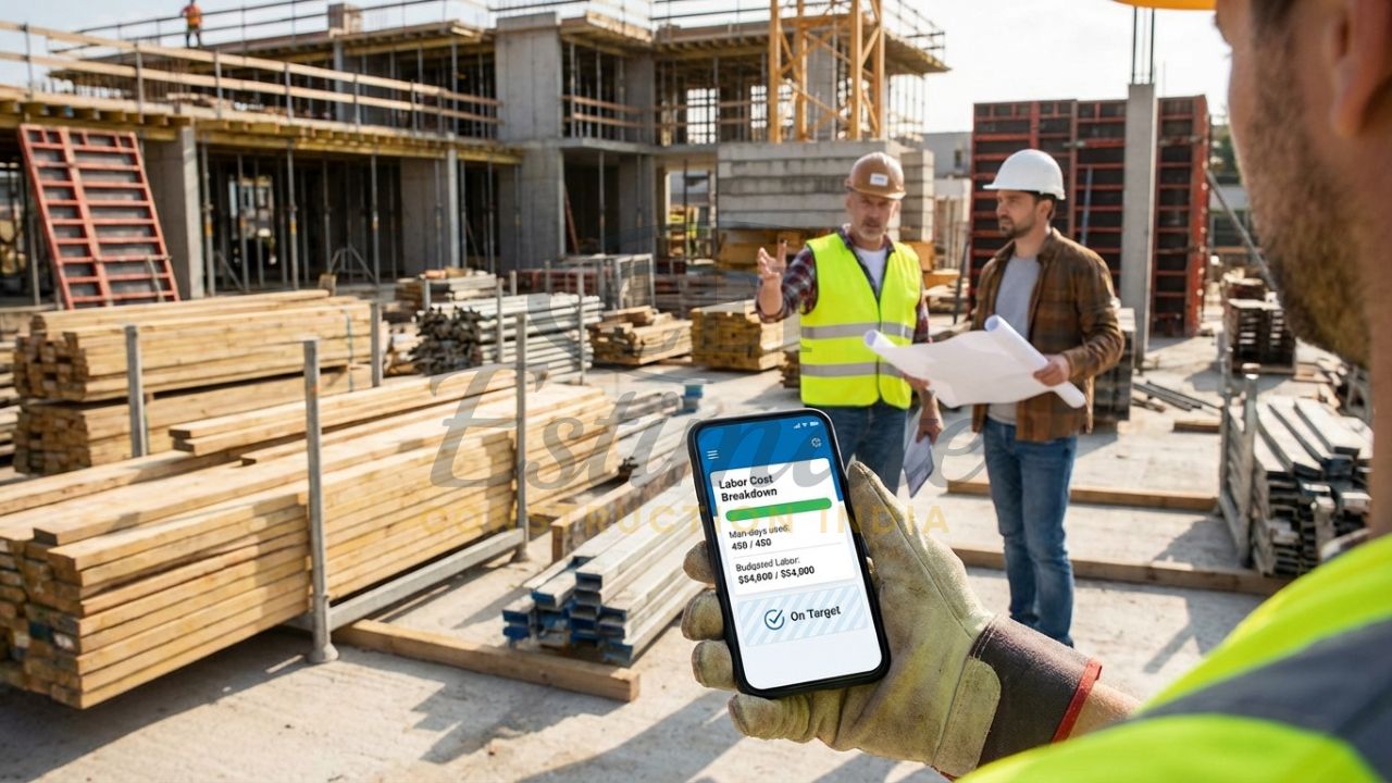 Digital tracking of labor costs and man-days on an Indian construction site.