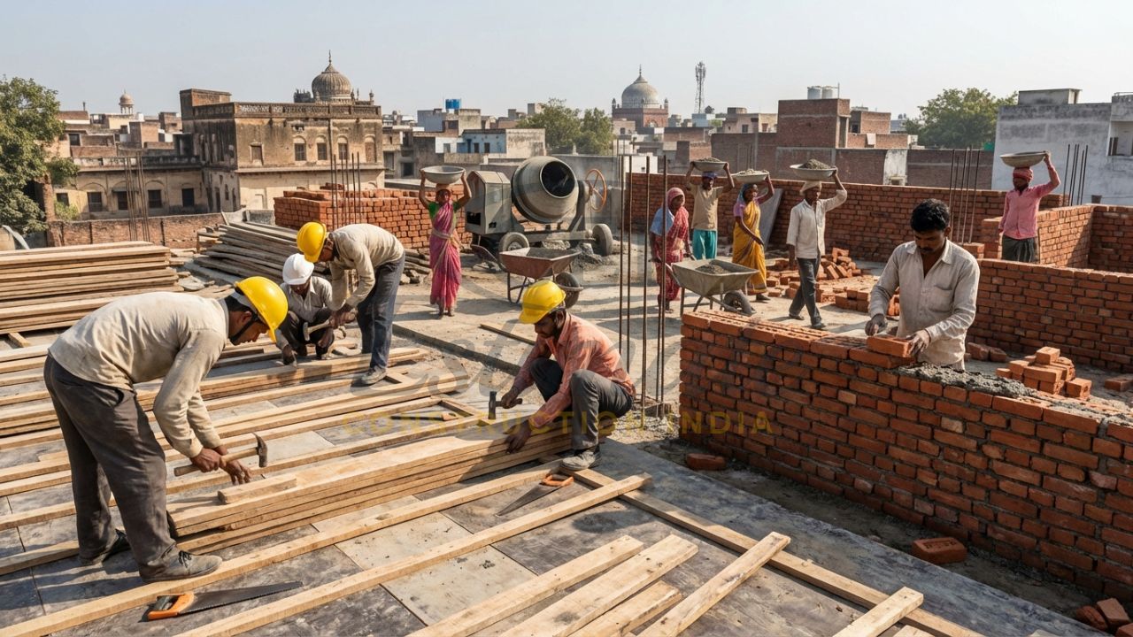 Diverse construction workforce including masons and carpenters on an Indian building site.