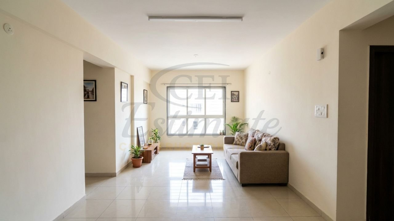 Interior of a low budget Indian home showing 2x2 vitrified tiles and simple wall paint.