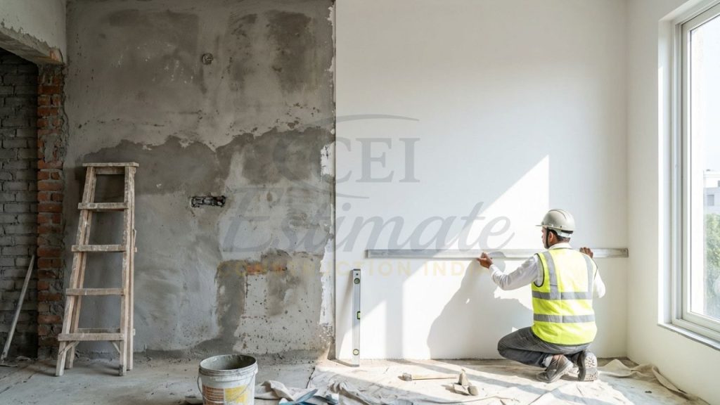 Professional internal wall plastering in India 2026 showing cement and gypsum finishes.