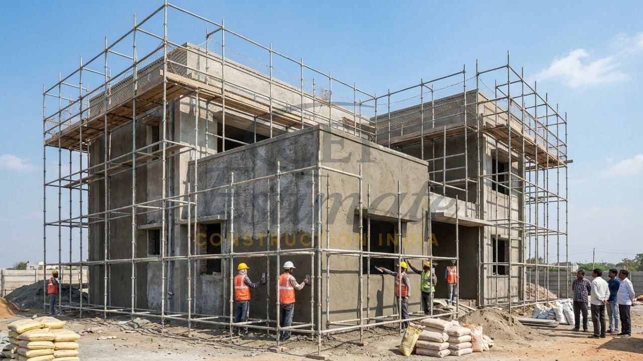 External weather-shield plastering on a duplex house with steel scaffolding in India.