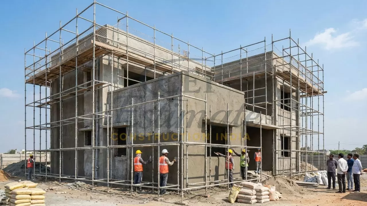 External weather-shield plastering on a duplex house with steel scaffolding in India.
