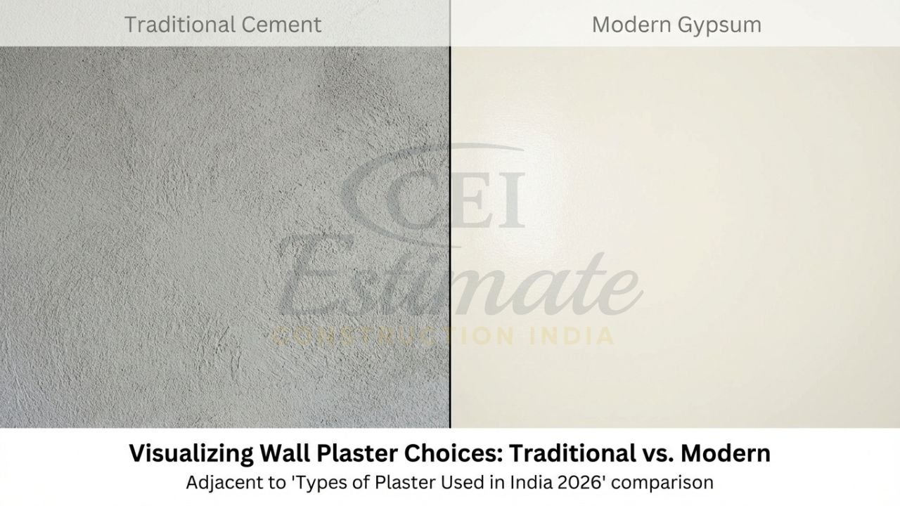 Comparison of cement-sand plaster texture versus smooth gypsum plaster finish.