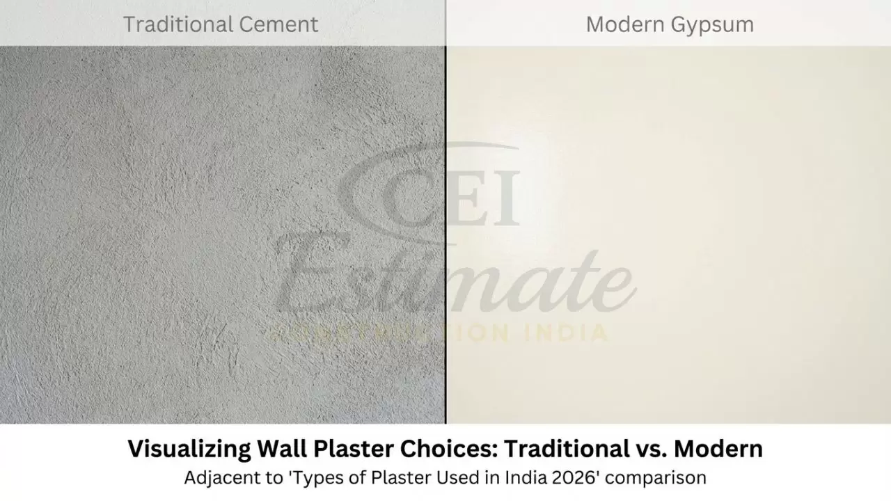 Comparison of cement-sand plaster texture versus smooth gypsum plaster finish.