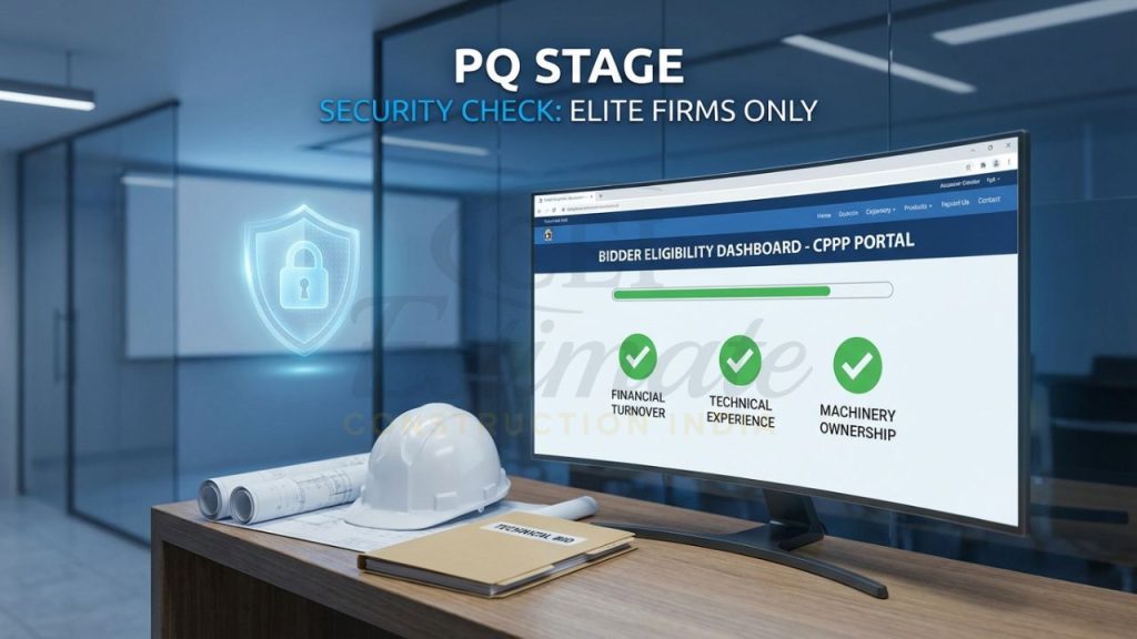 Prequalification stage for Indian construction tenders 2026 showing bidder eligibility check on CPPP.