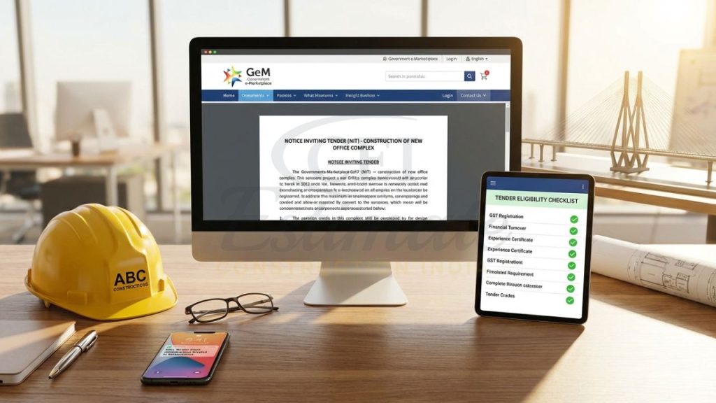 Professional Indian contractor reviewing a Notice Inviting Tender (NIT) on a digital monitor in a modern office
