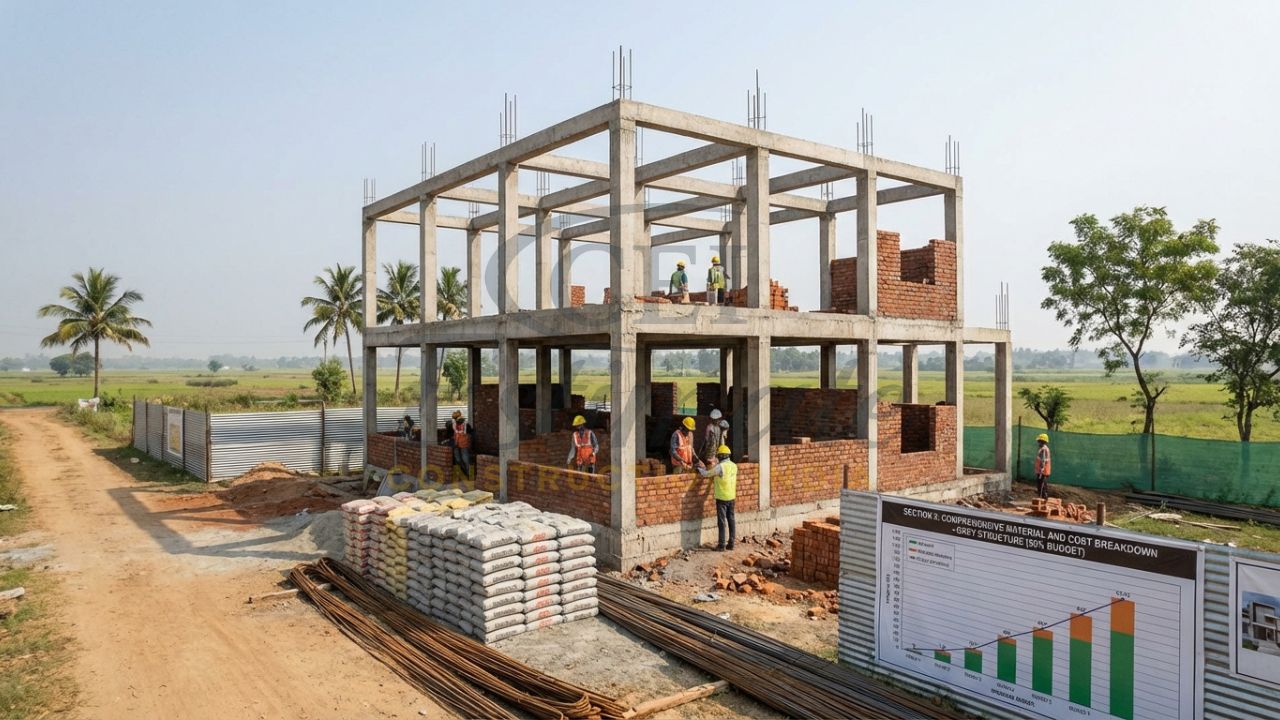 Grey structure construction phase of an RCC framed house in an Indian village.