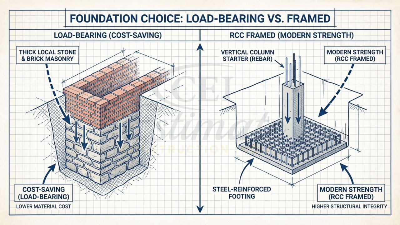 Comparison of load-bearing and RCC framed structures for low-cost village house design.