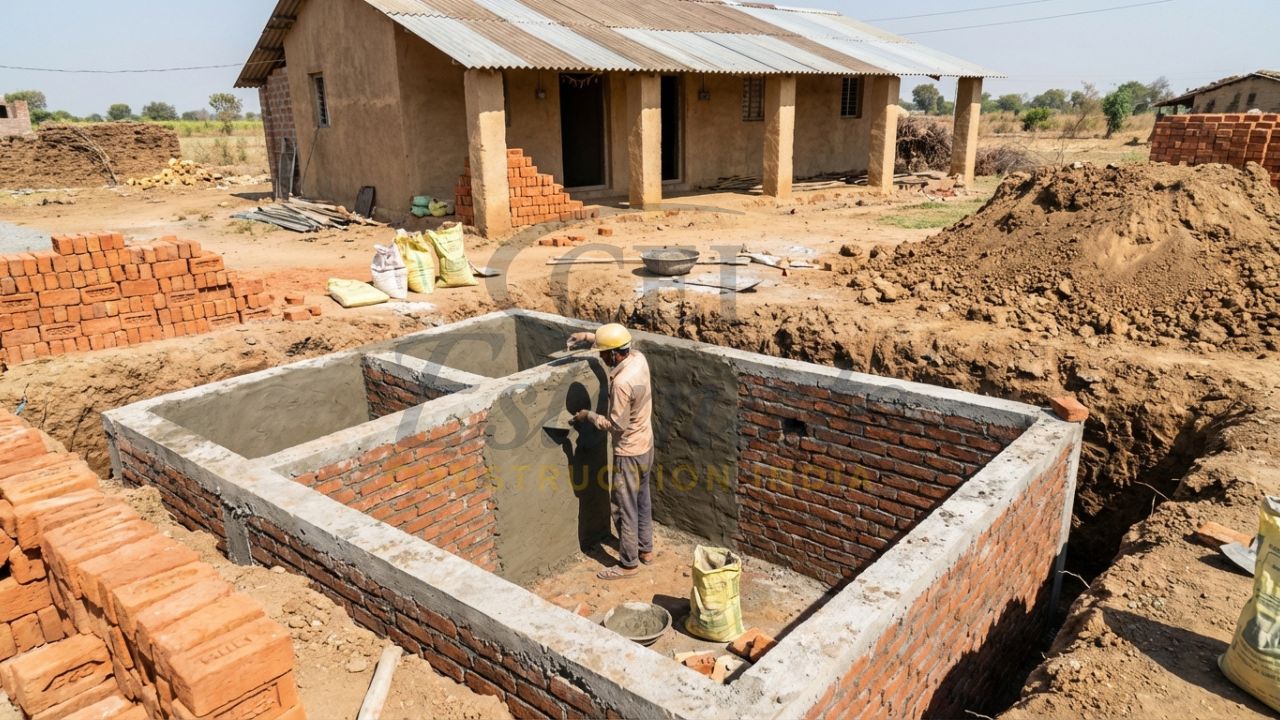 Septic tank and soak pit construction for a rural home in India.