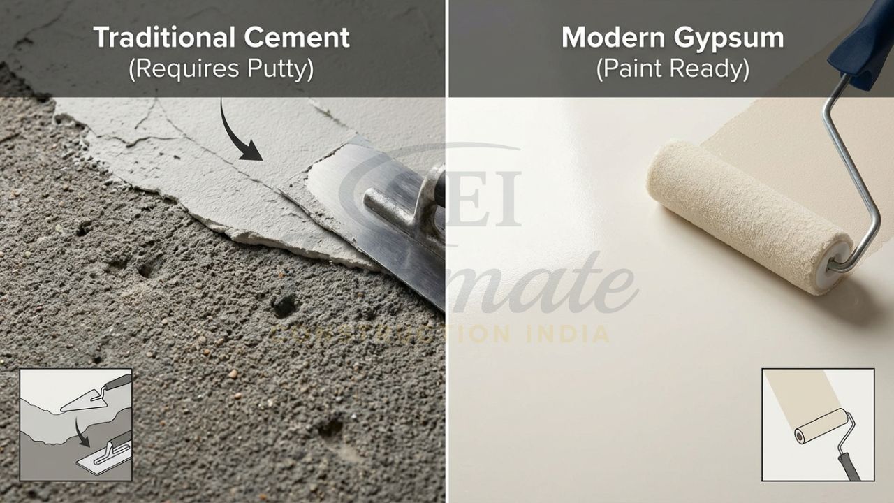 Texture comparison between grey cement-sand plaster and smooth white gypsum plaster.