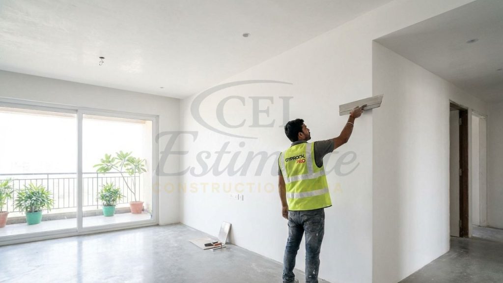 Smooth white gypsum plastering on internal walls of a modern Indian home