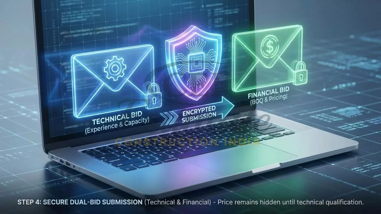 3D graphic of the two-envelope e-tendering system for technical and financial bid submission.