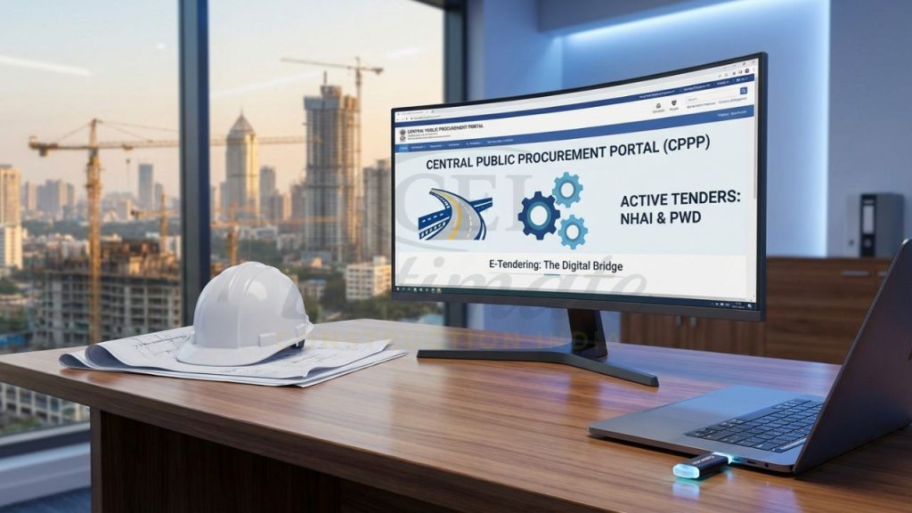 E-tendering portal for Indian construction projects 2026 showing CPPP dashboard and DSC token.