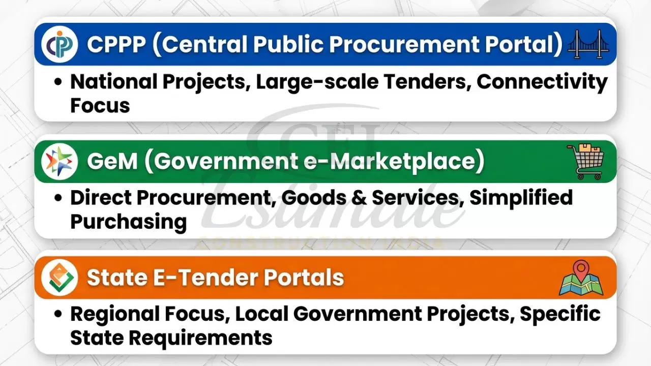 Infographic of major e-tendering platforms in India including GeM, CPPP, and State Portals.