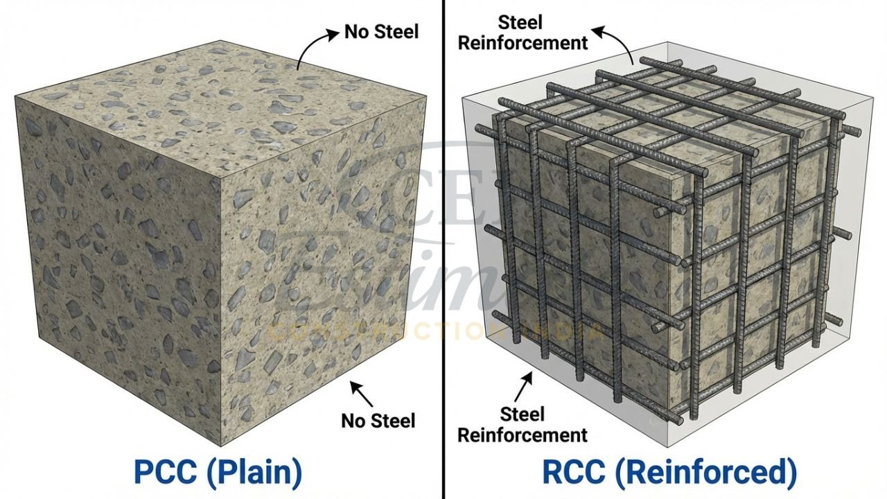 Visual comparison of Plain Cement Concrete (PCC) and Reinforced Cement Concrete (RCC).