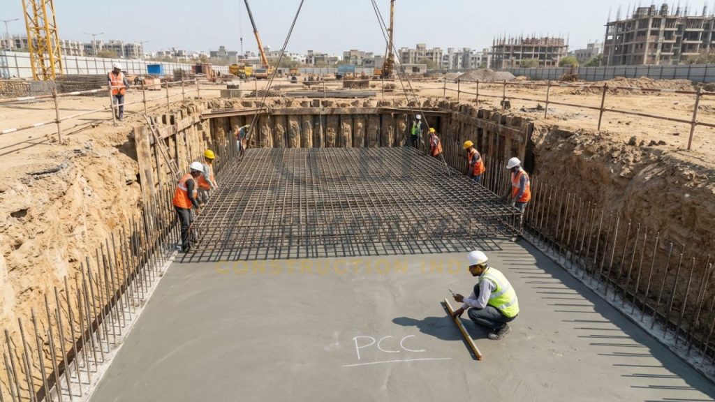 Plain Cement Concrete (PCC) levelling course laid under a building foundation in India.