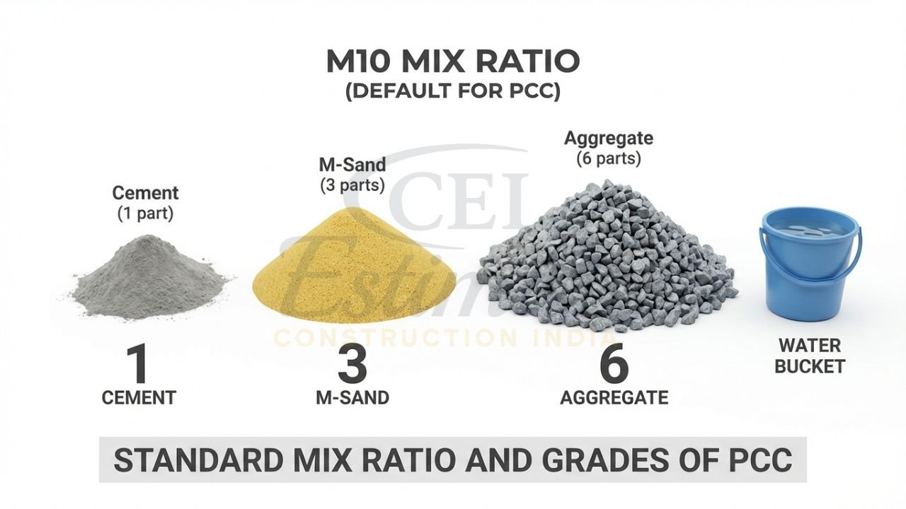 M10 grade PCC mix ratio 1:3:6 for cement, sand, and aggregate.