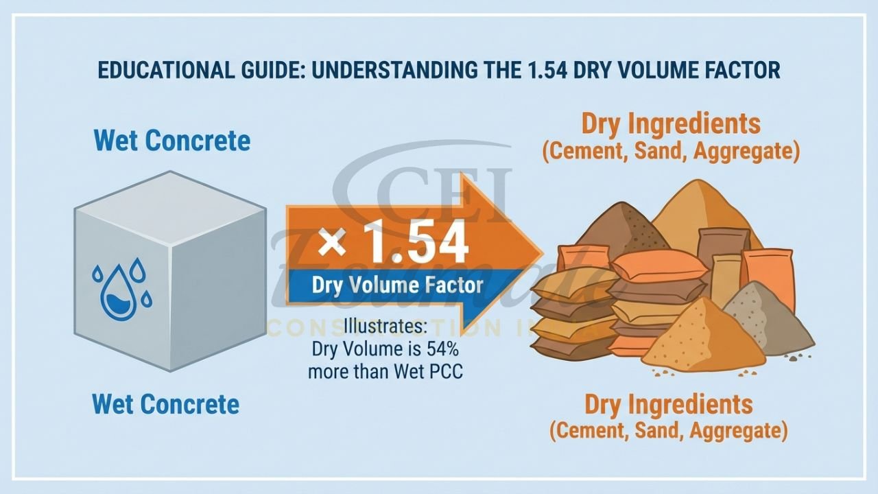 Infographic explaining the 1.54 dry volume factor for PCC material calculation.