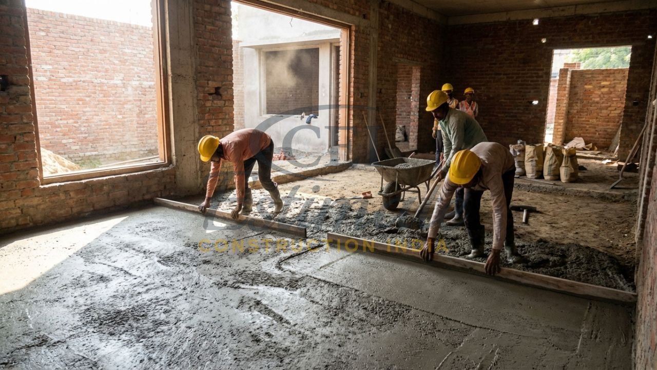 PCC layer being laid as a bedding for flooring in a residential building.