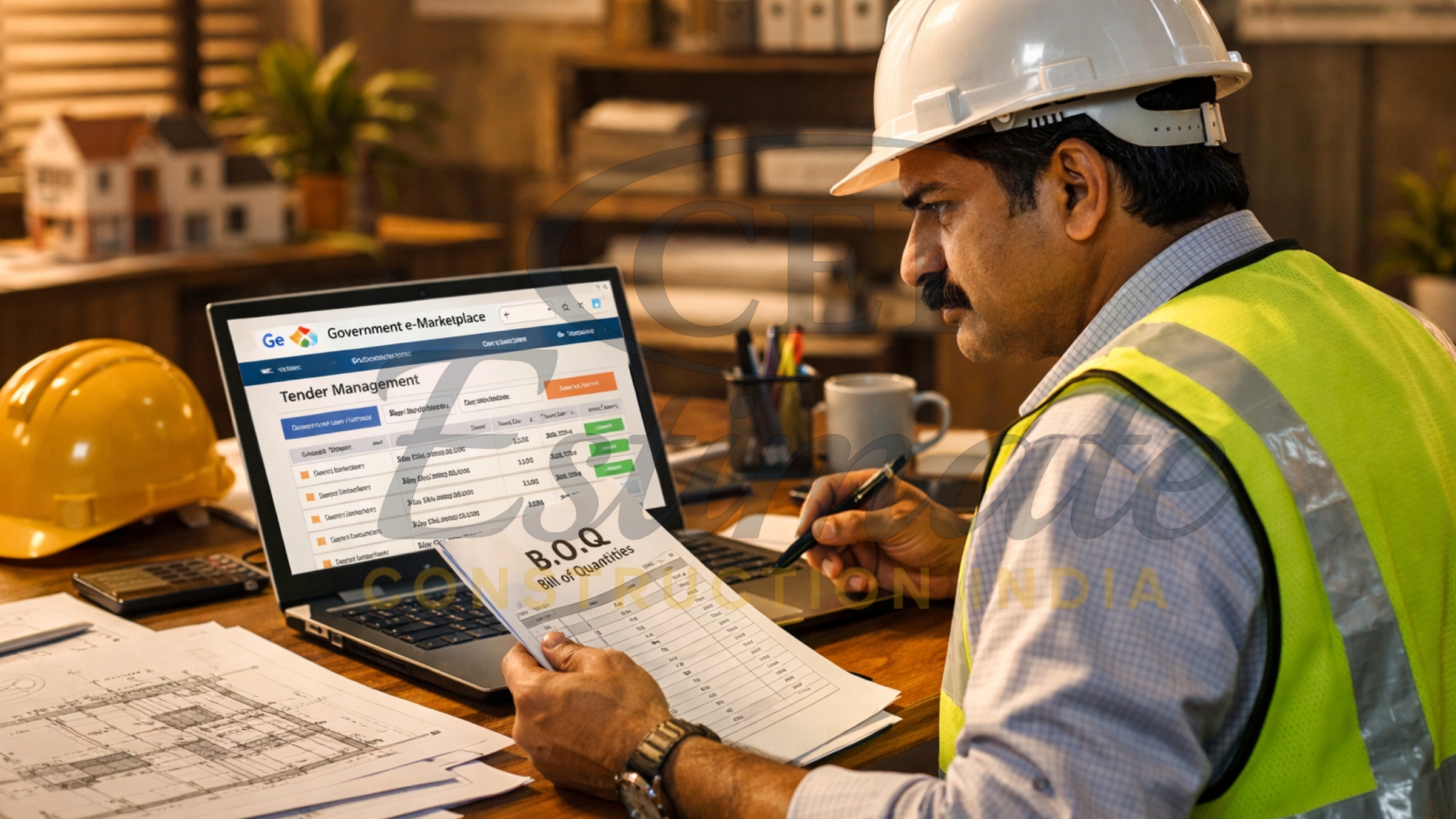 Indian contractor reviewing tender documents on GeM portal 2026